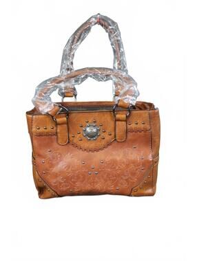 Boho Brown Studded Satchel Handbag Faux Leather Embossed